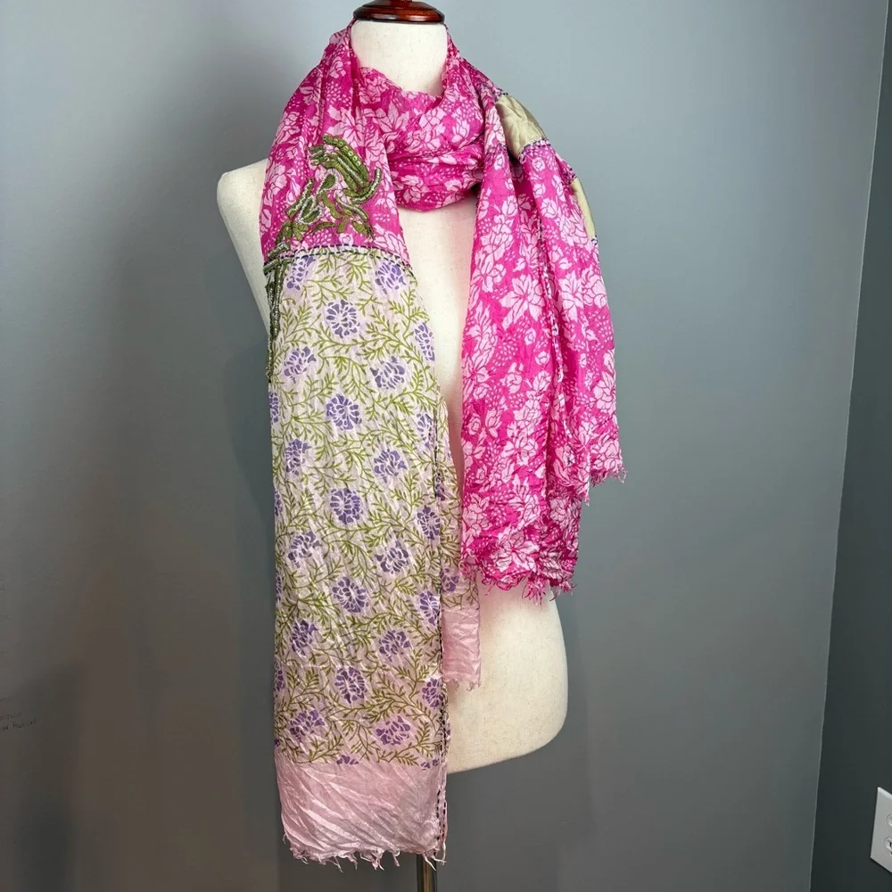Sete di Jaipur Silk Beaded Sequin Embroidered Scarf 60x40 Hand Stitched Pink